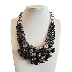 Crystal Button Bib Bronzetone Chain Link Metal Necklace